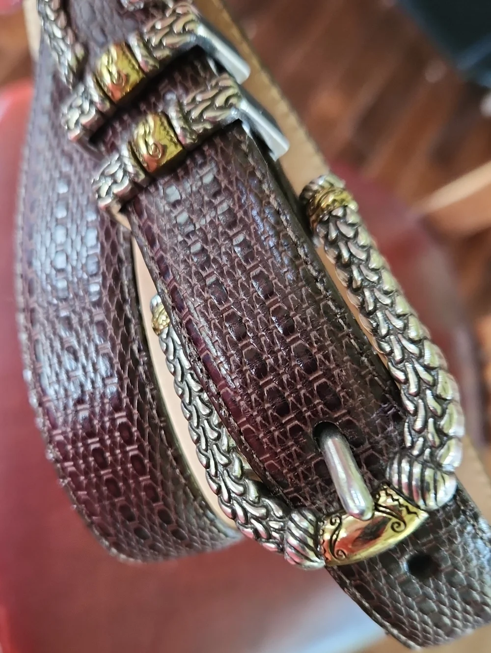 Brighton ML 32 Embossed 2-tone Silver Brass Leather Belt Brown